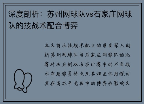 深度剖析：苏州网球队vs石家庄网球队的技战术配合博弈